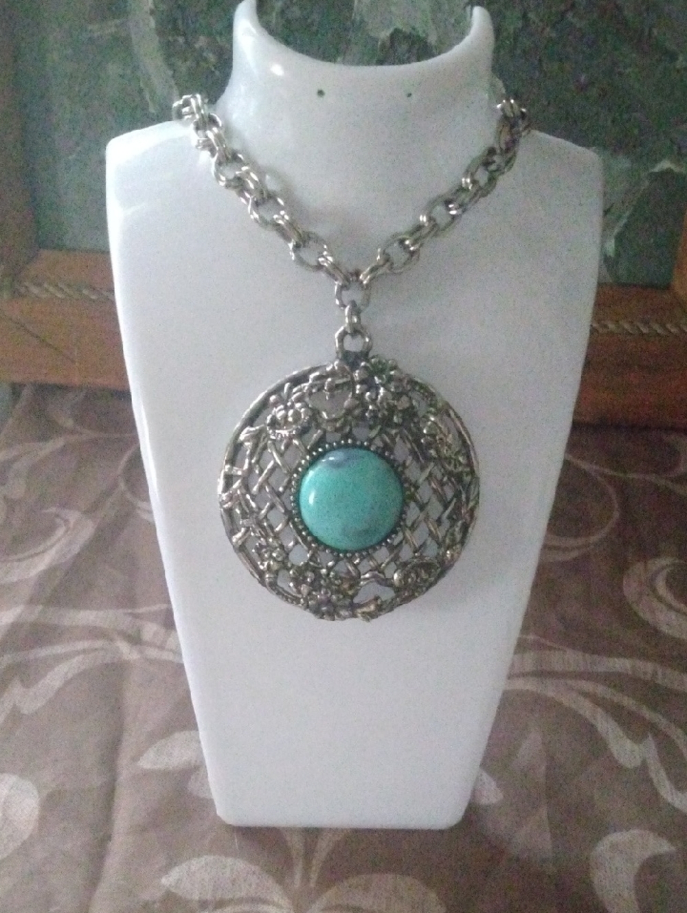 Filigree Pendant Necklace with Faux Turquoise Stone - Silver Tone